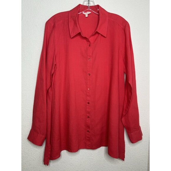 Eileen Fisher Linen Top S Coral Button Up Asymmetrical Hem Organic Irish Linen - Picture 1 of 11